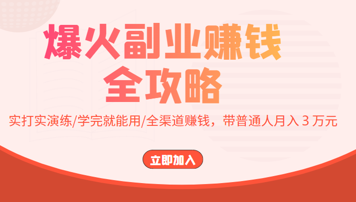 爆火副业赚钱全攻略：实打实演练/学完就能用/全渠道赚钱，带普通人月入３万元-第一资源网