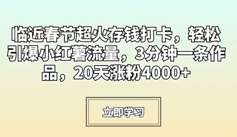 临近春节超火存钱打卡，轻松引爆小红薯流量，3分钟一条作品，20天涨粉4000+【揭秘】-第一资源网
