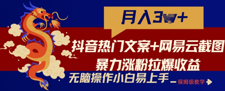 抖音热门文案+网易云截图暴力涨粉拉爆收益玩法，小白无脑操作，简单易上手【揭秘】-第一资源网