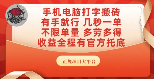 手机电脑打字搬砖，副业可发展主业来做蓝海项目，有手就行，几秒一单，不限单量，多劳多得【揭秘】-第一资源网