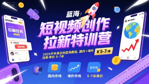 短视频创作拉新特训营，2025开年真正的蓝海赛道，国内+海外，拉新单价5-7米-第一资源网