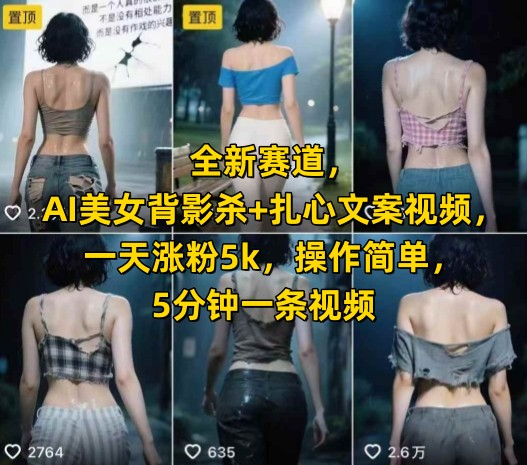 全新赛道，AI美女背影杀+扎心文案视频，一天涨粉5k，操作简单，5分钟一条视频-第一资源网