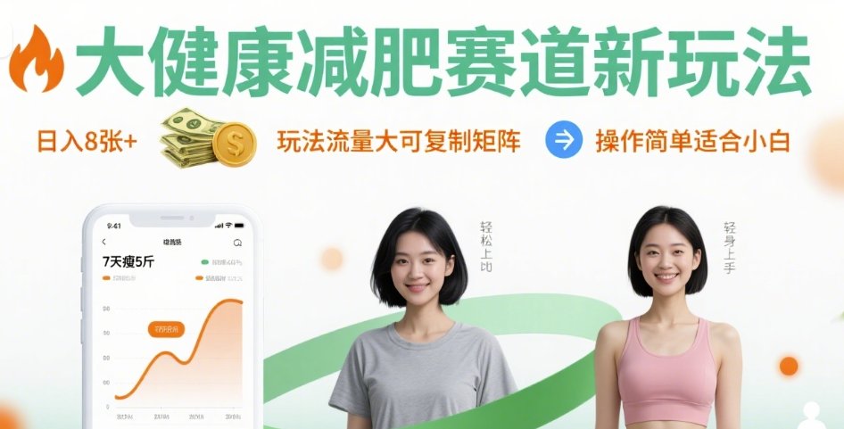 大健康减肥赛道新玩法日入8张，玩法流量大可复制矩阵，操作简单适合小白-第一资源网