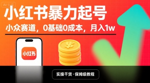 小红书暴力起号，小众赛道，0基础0成本，月入1w-第一资源网