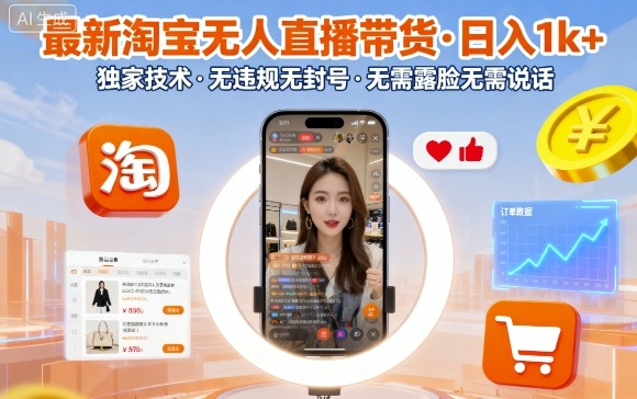 最新淘宝无人直播带货，日入1k+，独家技术，无违规无封号，无需露脸无需说话【揭秘】-第一资源网