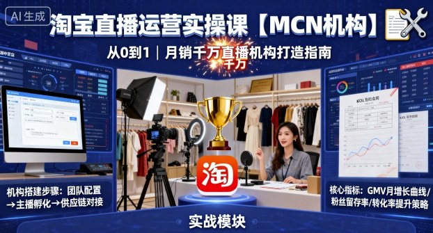 淘宝直播运营实操课【MCN机构】，从0到1做一家月销千W的直播机构-第一资源网