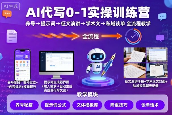 AI代写0-1实操训练营，从养号、提示词、征文演讲、学术文，到私域谈单的全流程教学-第一资源网