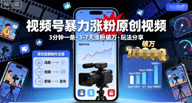 视频号暴力涨粉原创视频，3分钟一条原创视频，3-7天涨粉破万，玩法分享给你-第一资源网