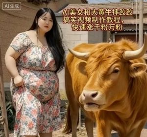 AI美女和大黄牛摔跤搞笑荒诞视频制作教程，快速涨千粉万粉-第一资源网