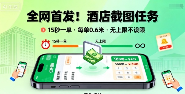 全网首发！酒店截图任务，15秒一单，每单0.6米，任务无上限不设限，矩阵操作单日3张到手【揭秘】-第一资源网