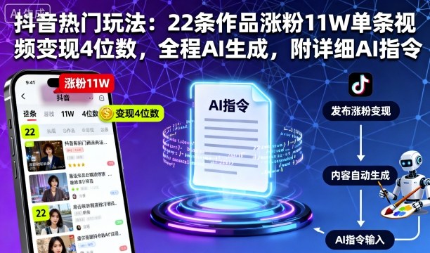 抖音热门玩法：22条作品涨粉11W单条视频变现4位数，全程AI生成，附详细AI指令-第一资源网