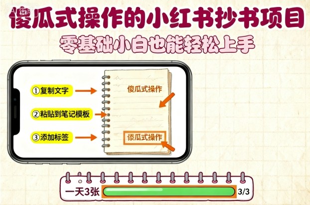 傻瓜式操作的小红书抄书项目，会复制粘贴就行，零基础小白也能一天3张-第一资源网
