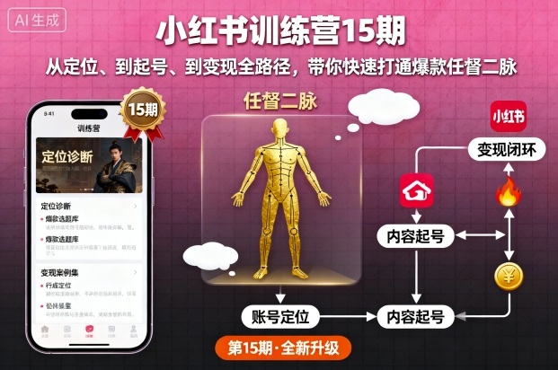 小红书训练营15期，从定位、到起号、到变现全路径，带你快速打通爆款任督二脉-第一资源网